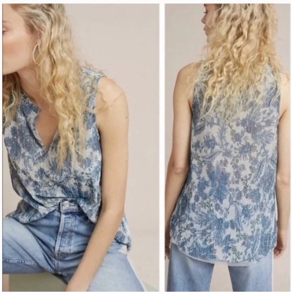 Anthropologie Vanessa Virginia Floral Tank Top Metallic Blue Womens Size Small - Picture 2 of 9
